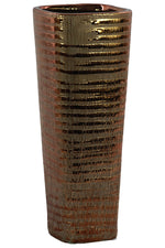 Benzara Ceramic Tall Tapered Bottom Ribbed Design Vase, Distressed Copper Finish