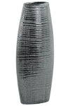 Benzara Ceramic Tall Ribbed Bellied Oval Vase With Tapered Botttom, Distressed Silver Finish
