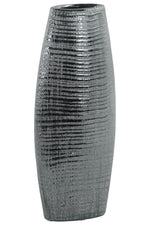 Benzara Ceramic Tall Ribbed Bellied Oval Vase With Tapered Botttom, Distressed Silver Finish