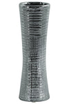 Benzara Ceramic Trumpet Mouth And Flared Bottom Ribbed Vase, Distressed Silver Finish