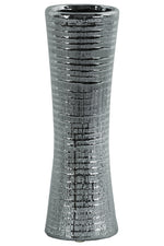 Benzara Ceramic Trumpet Mouth And Flared Bottom Ribbed Vase, Distressed Silver Finish