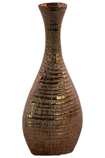 Benzara Ceramic Trumpet Mouth Bellied Oval Long Neck Vase in Ribbed Distressed Copper Finish