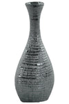 Benzara Ceramic Trumpet Mouth Bellied Oval Long Neck Vase in Ribbed Distressed Silver Finish