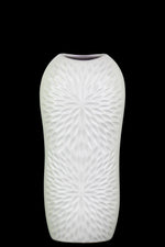 Benzara Ceramic Tall Engraved Leaf Design Half Circle Vase, Small, White