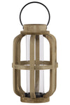Benzara Wood Cylinder Metal Handle Lantern With Hurricane Candle Holder, Large, Brown