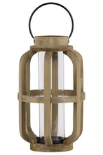 Benzara Wood Cylinder Metal Handle Lantern With Hurricane Candle Holder, Large, Brown