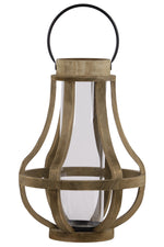 Benzara Wood Bellied Metal Handle Lantern With Hurricane Candle Holder, Large, Brown