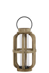 Benzara Wood Cylinder Metal Handle Lantern With Hurricane Candle Holder, Small, Brown