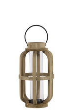 Benzara Wood Cylinder Metal Handle Lantern With Hurricane Candle Holder, Small, Brown