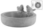 Benzara Cement Round Bowl with Bird Figurine and Engraved Floral Design Inside, Gray