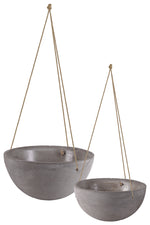 Benzara Cement Round Pot with Rope Hanger in Concrete Finish, Set of 2, Gray