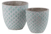 Benzara Cement Round Embossed Diamond Design Pot, Set of 2, Turquoise