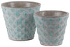 Benzara Cement Round Embossed Concentric Diamond Design Pot, Set of 2, Turquoise