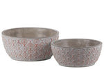 Benzara Cement Low Round Embossed Concentric Circle Design Pot, Set of 2, Vermillion