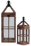 Benzara Wooden Square Lantern with Metal Round Finial Top, Ring Handle, Set of 2, Brown