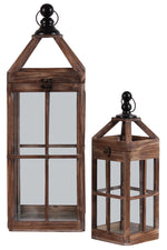Benzara Wooden Square Lantern with Metal Round Finial Top, Ring Handle, Set of 2, Brown