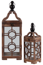 Benzara Wooden Lantern with Metal Round Finial Top , Set of 2, Brown