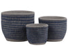 Benzara Irregular Stoneware Pot with Engrave Lattice Oblong Design, Set of 3, Blue