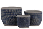 Benzara Irregular Stoneware Pot with Engrave Lattice Oblong Design, Set of 3, Blue