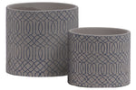 Benzara Stoneware Cylindrical Embossed Lattice Concentric Design Pot, Set of 2, Gray