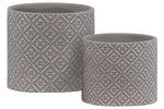 Benzara Stoneware Cylindrical Embossed Lattice Floral Design Pot, Set of 2, Gray