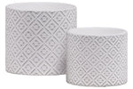 Benzara Stoneware Cylindrical Embossed Lattice Floral Design Pot, Set of 2, White