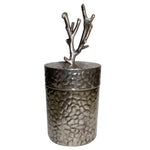 Benzara Patterned Metal Lidded Jar with Tree Branch Top, Silver