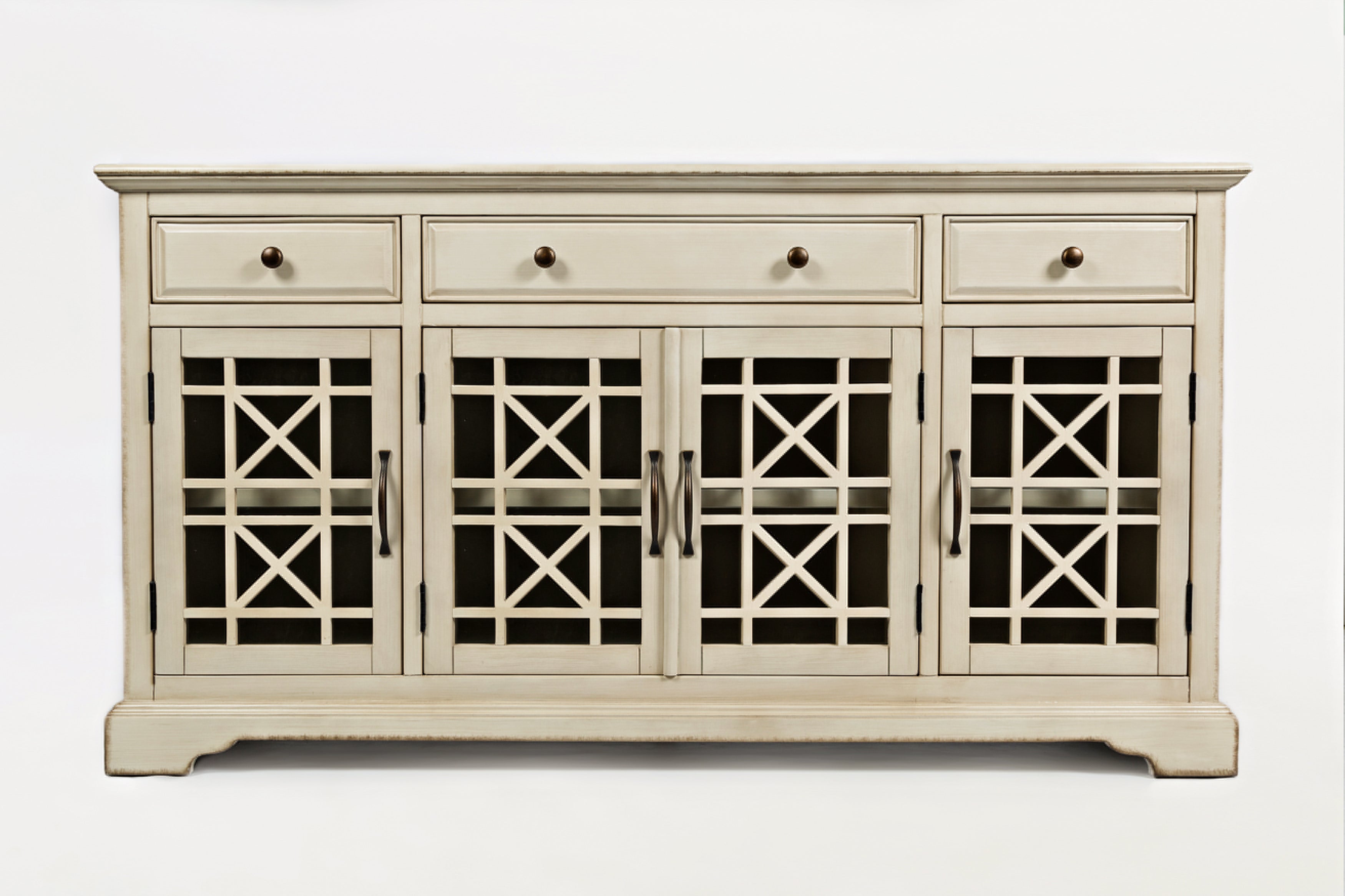 Benzara Craftsman Series Wooden Media Unit With Fretwork Glass