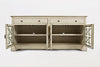 Benzara Craftsmen Series 70 Inch Media Unit with Fretwork Glass Front, Antique Cream