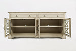 Benzara Craftsmen Series 70 Inch Media Unit with Fretwork Glass Front, Antique Cream