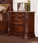 Benzara 3 Drawer Wooden Night Stand With Marble Top, Cherry Brown