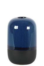 Benzara Cylindrical Stoneware Vase With Black Banded Rim Bottom, Small, Glossy Blue