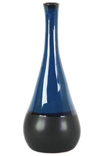 Benzara Bellied Stoneware Vase With Black Banded Rim, Large, Glossy Blue