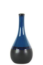 Benzara Bellied Stoneware Vase With Black Banded Rim, Small, Glossy Blue
