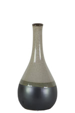 Benzara Bellied Stoneware Vase With Black Banded Rim, Small, Glossy Gray