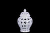 Benzara Cutout Quatrefoil Pattern Ceramic Urn Vase With Tapered Bottom, Small, White