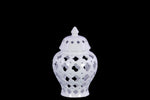 Benzara Cutout Quatrefoil Pattern Ceramic Urn Vase With Tapered Bottom, Small, White