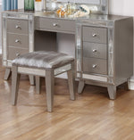Benzara Wooden Set of Vanity and Stool with Mirrored Accents, Mercury Silver