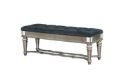 Benzara Tufted Fabric Bench with Mirror Accents and Turned Legs, Silver and Blue