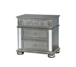 Benzara Traditional Solid Wood Night Stand With Floral Carvings Accent, Silver