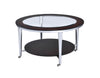 Benzara Wood and Metal Round Coffee Table with Glass Inserted Top, Espresso Brown and Silver