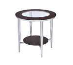 Benzara Wood and Metal Round End Table with Glass Inserted Top, Espresso Brown and Silver