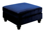Benzara Fabric Upholstered Wooden Ottoman with Turned Legs, Blue and Brown
