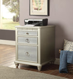 Benzara Three Drawers Wooden File Cabinet with Mirrored Trim Accents, Silver