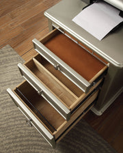Benzara Three Drawers Wooden File Cabinet with Mirrored Trim Accents, Silver