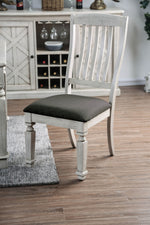 Benzara Wooden Side Chair with Fabric Upholstered Padded Seat, Pack of 2, Antique White and Gray
