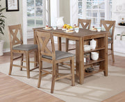 Benzara Solid Wood Counter Height Table with Spacious Shelves, Weathered Brown