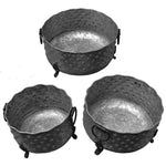 Benzara Three Piece Round Metal Planters With Uneven Mouth, Gray