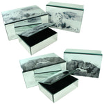 Benzara Three Piece Decorative Printed Glass Box, Assortment Of Two, Gray And White