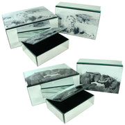 Benzara Three Piece Decorative Printed Glass Box, Assortment Of Two, Gray And White